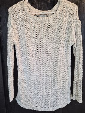 LOFT Cream Open-Stitch Crewneck Sweater